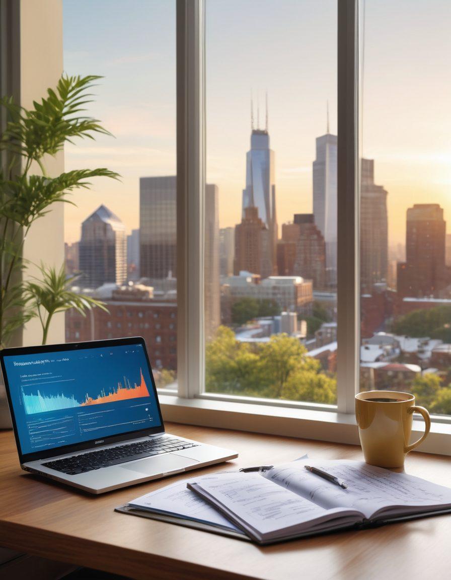 A bright, modern workspace featuring a laptop open to a comparative chart of online insurance policies. Beside it, a notepad with handwritten notes and a coffee cup, symbolizing research and decision-making. A large window with a view of a city skyline adds context to the online world. Soft natural light enhances the scene, creating a warm, inviting atmosphere. vibrant colors. super-realistic.