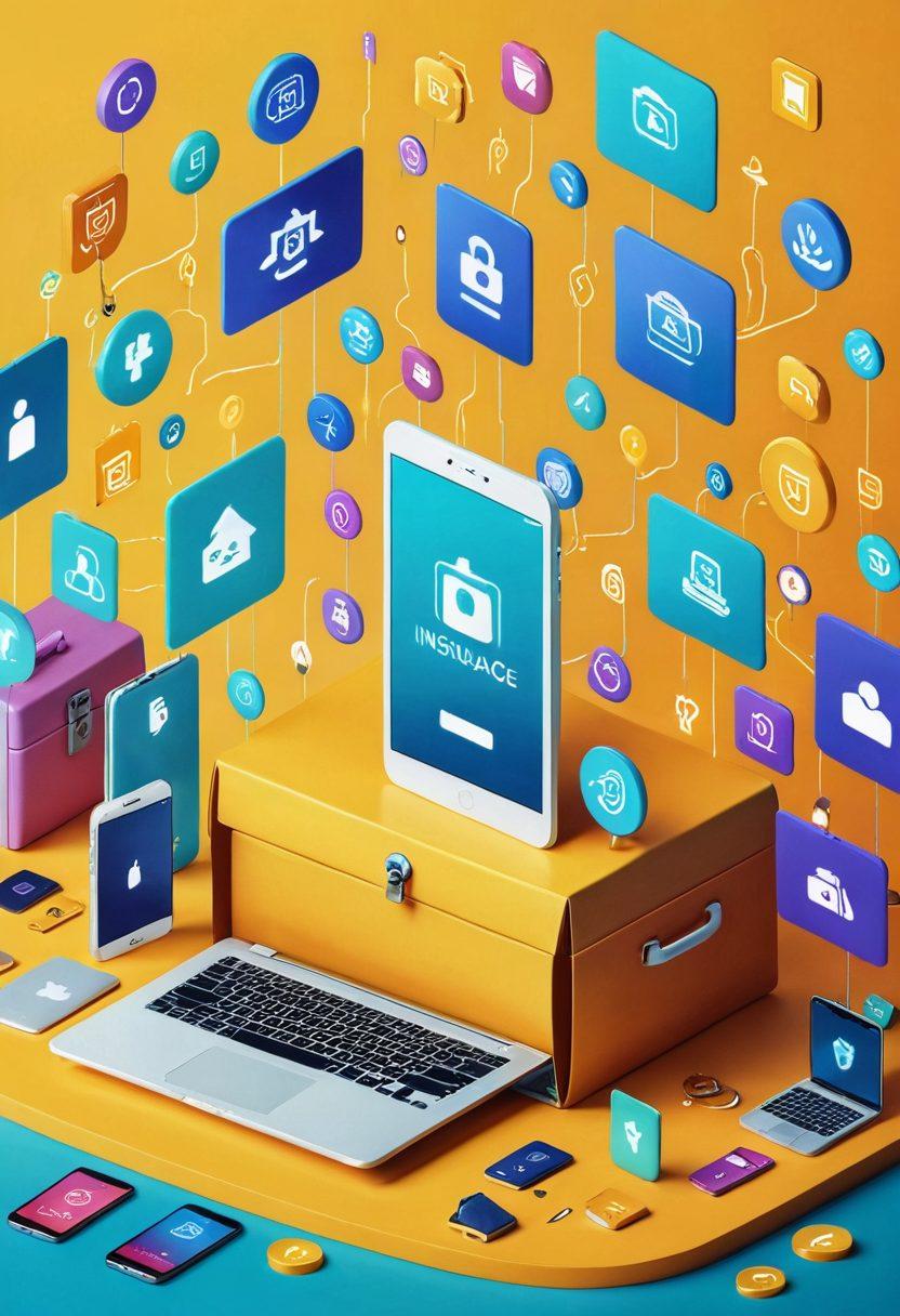 A visually engaging digital landscape featuring a diverse group of people accessing various online insurance services on different devices, symbolizing affordability and accessibility. Incorporate icons of digital policies and a locked treasure chest opening to reveal financial security. Use a bright color palette to evoke positivity and trust in digital insurance. Clean, modern design to appeal to contemporary readers. vibrant colors. flat design.