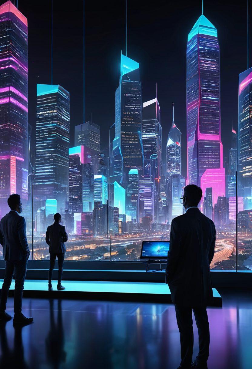 A futuristic city skyline with a holographic display showcasing insurance options and prices. In the foreground, a diverse group of people using virtual devices to examine insurance coverage details. Bright, eye-catching infographics floating in the air, symbolizing affordability and comprehensiveness. The atmosphere is vibrant and tech-savvy, illustrating the concept of virtual insurance. cyberpunk. vibrant colors. 3D.